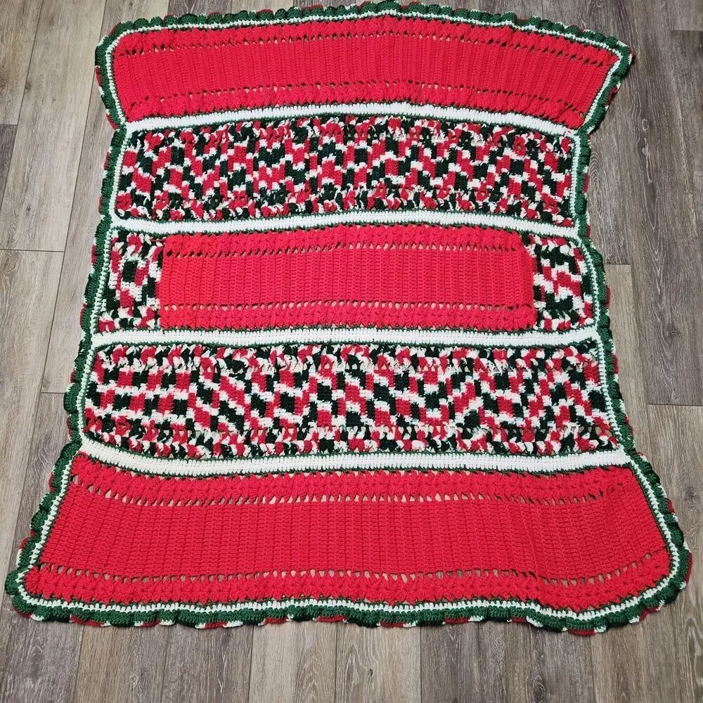 Vintage Handmade Crochet Afghan Blanket Red Green White Christmas Holiday Throw